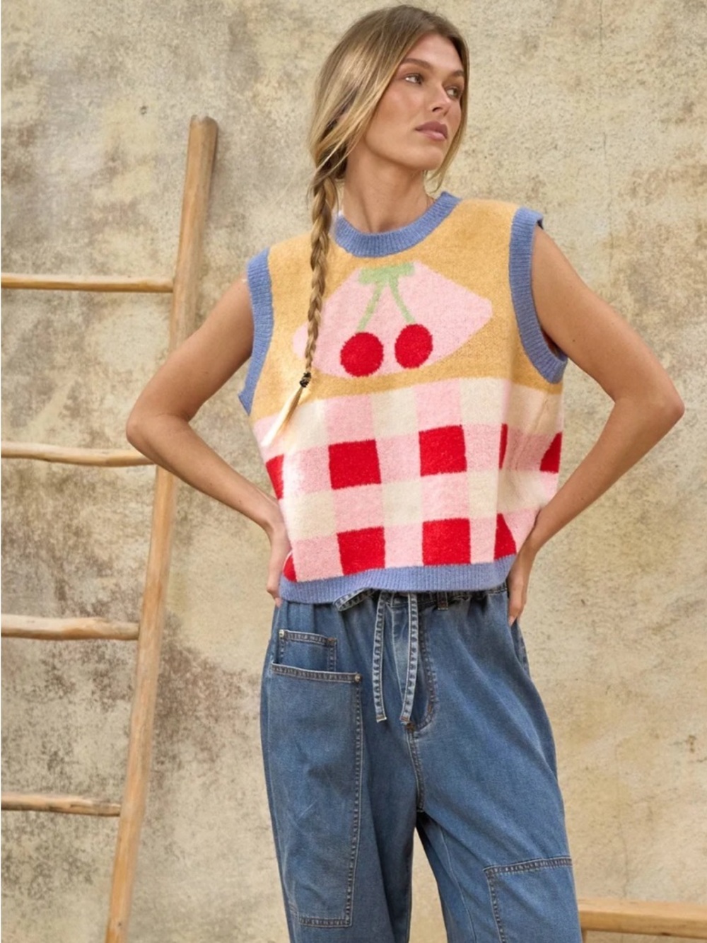 New-Oversized Sleeveless Knit Cherry Checker Sweater Vest